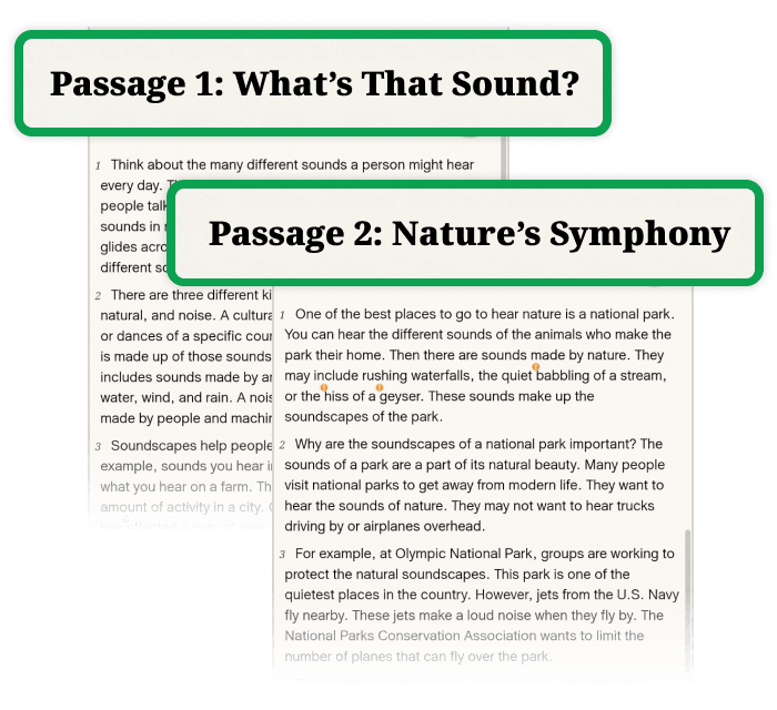 Passage 1: What's That Sound?, Passage 2:Nature's Symphony